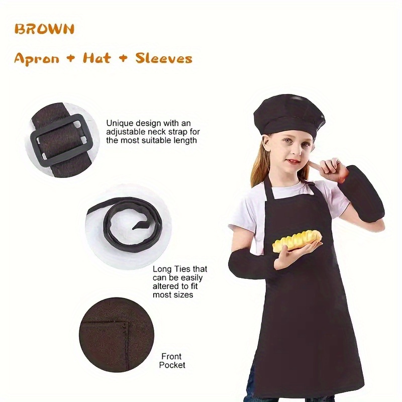 Kids Apron Set with Sleeves and Hat - Children's Gift for Cooking and Baking