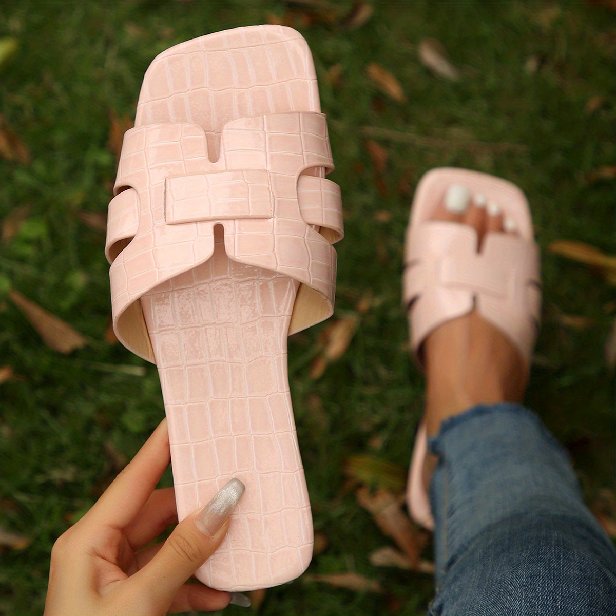 Women's Golden Flat Slide Sandals, Fashion Square Open Toe Slip On