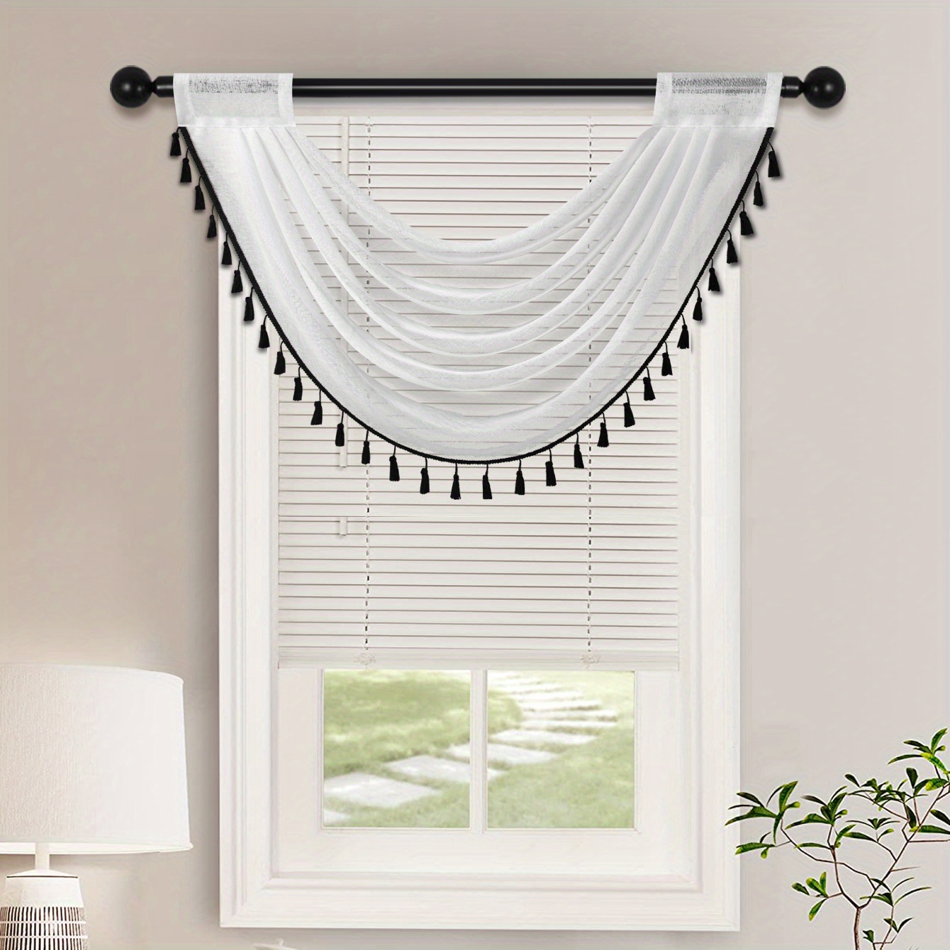 Image of 1pc Solid Color Sheer Translucent Wave Scarf Curtain , Tassel Trim Valance, Rod Pocket, Suitable For Living Room Bedroom Kitchen, Window Door Decor And Shade, 30in X 24in