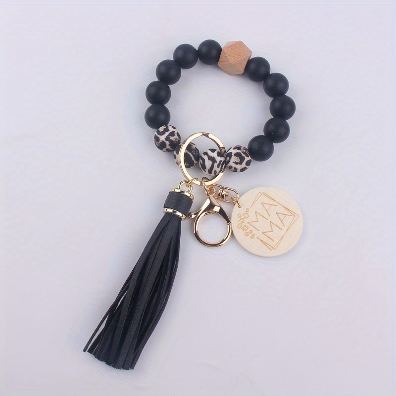 Leopard Print Tassel Keychain With Wooden Mama Pendant With Pu Tassel Bag  Ornament - Temu