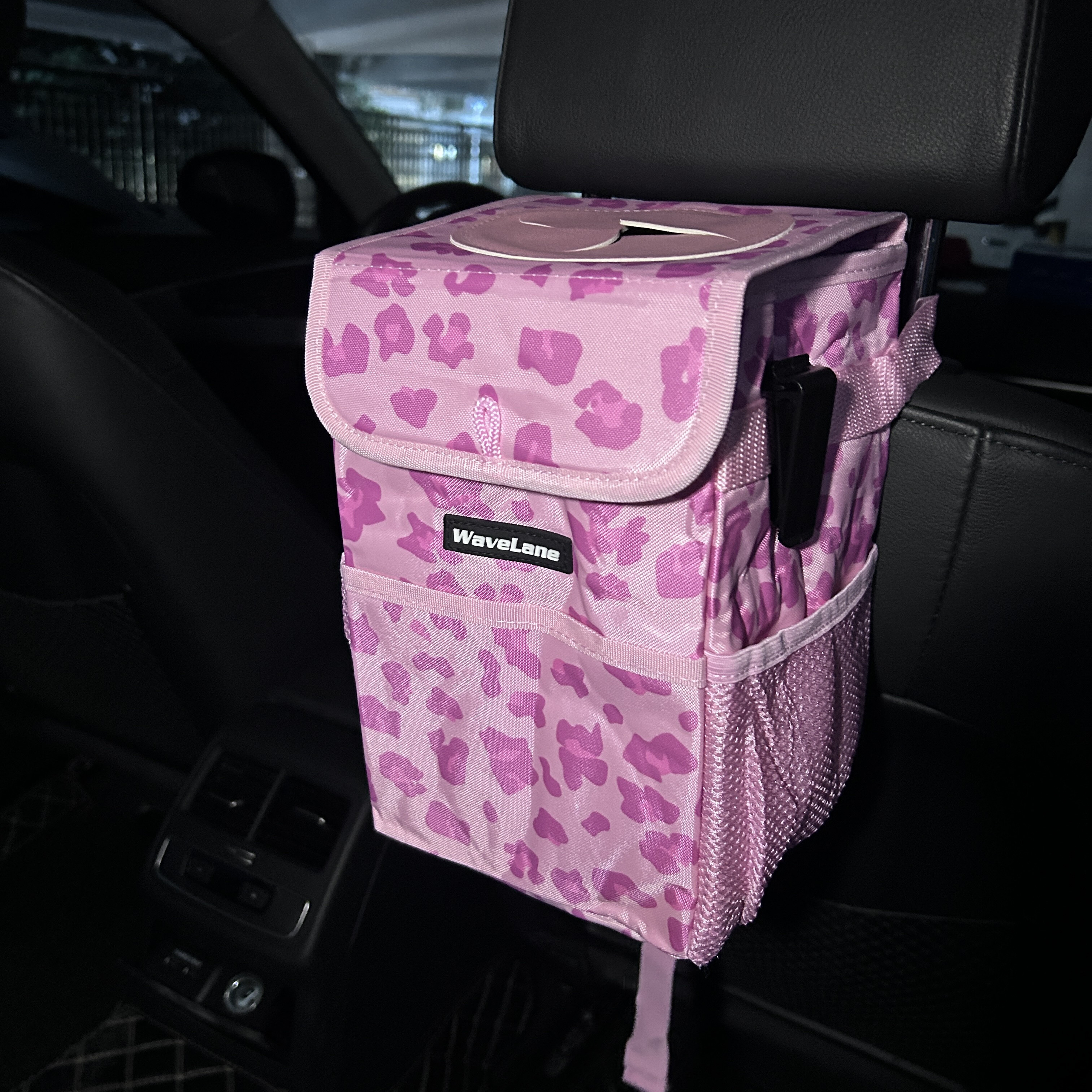 EPAuto Waterproof Car Trash Can with Lid and Storage Pockets, Pink