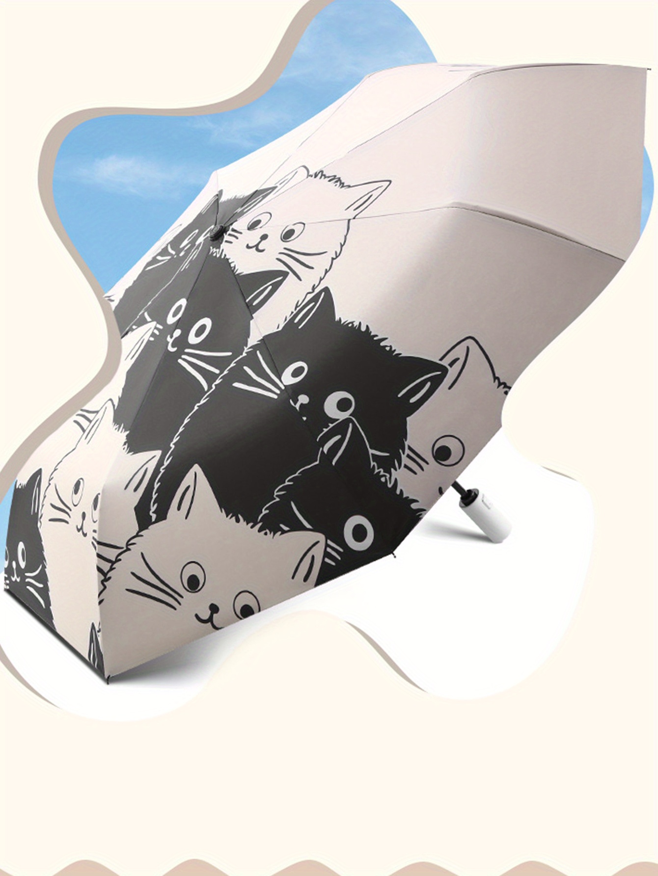 1pc simple cartoon kittens printed black and white automatic umbrella sunny and rainy dual use uv protection umbrella thickened and reinforced umbrella frame details 1