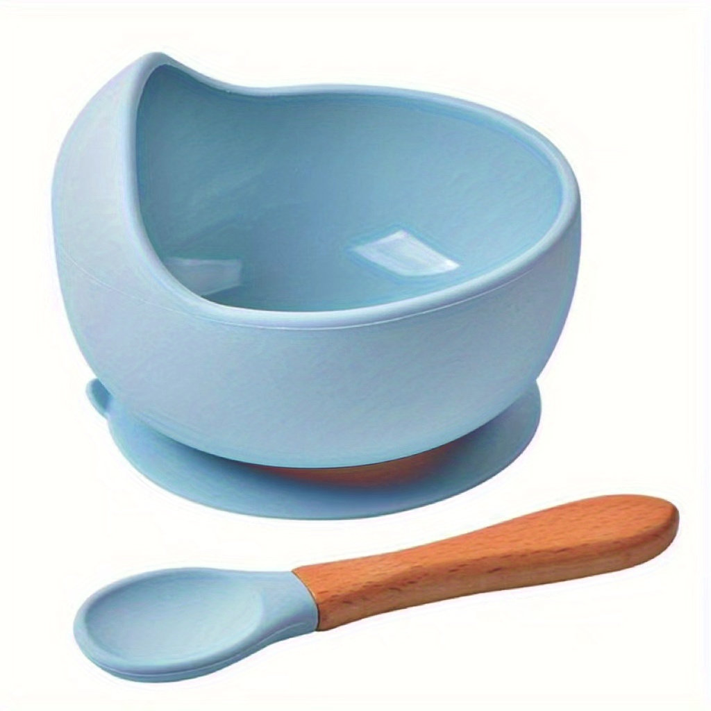 3pcs Baby Silicone Bowl, Wooden Spoon & Fork Set With Suction Cup Base,  Feeding Tableware For Children