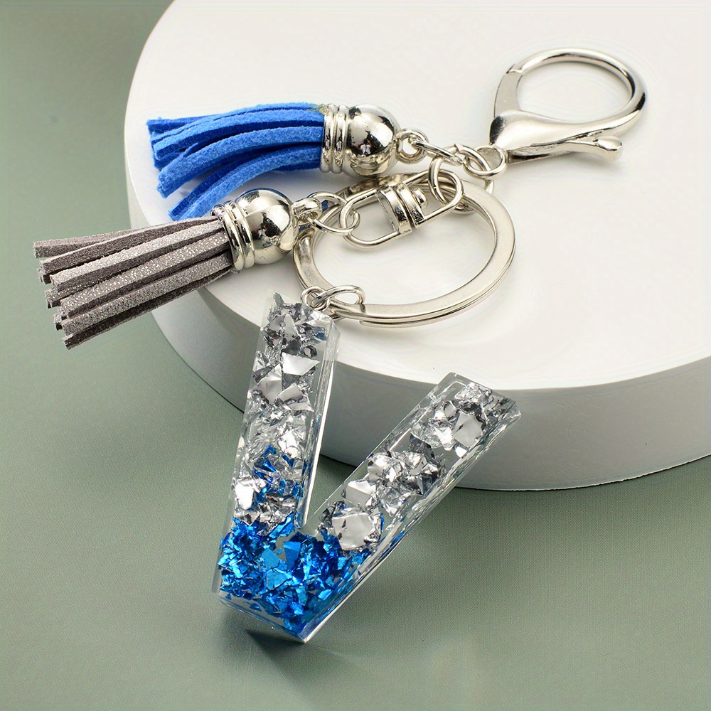 1pc Resin English Letter Shape Keychain Pendant with Tassel Bag Ornament Key Ring,Temu