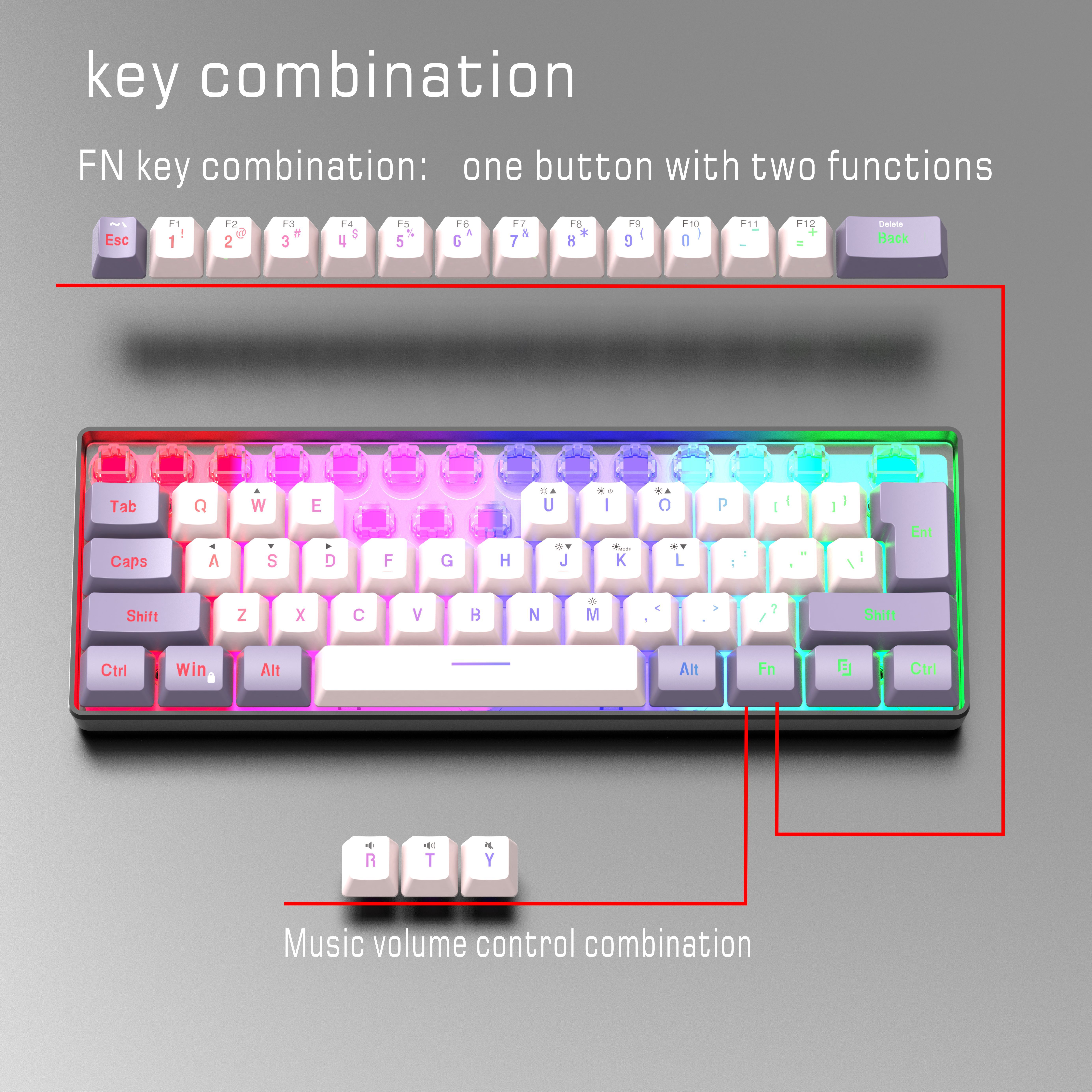 61 touches Mini clavier rétroéclairé RGB, clavier blanc portable USB  rétroéclairé à double couleur 60%, effet de lumière de flux de couleur  variable translucide de police claire clavier gris d'ordinateur, clavier  blanc