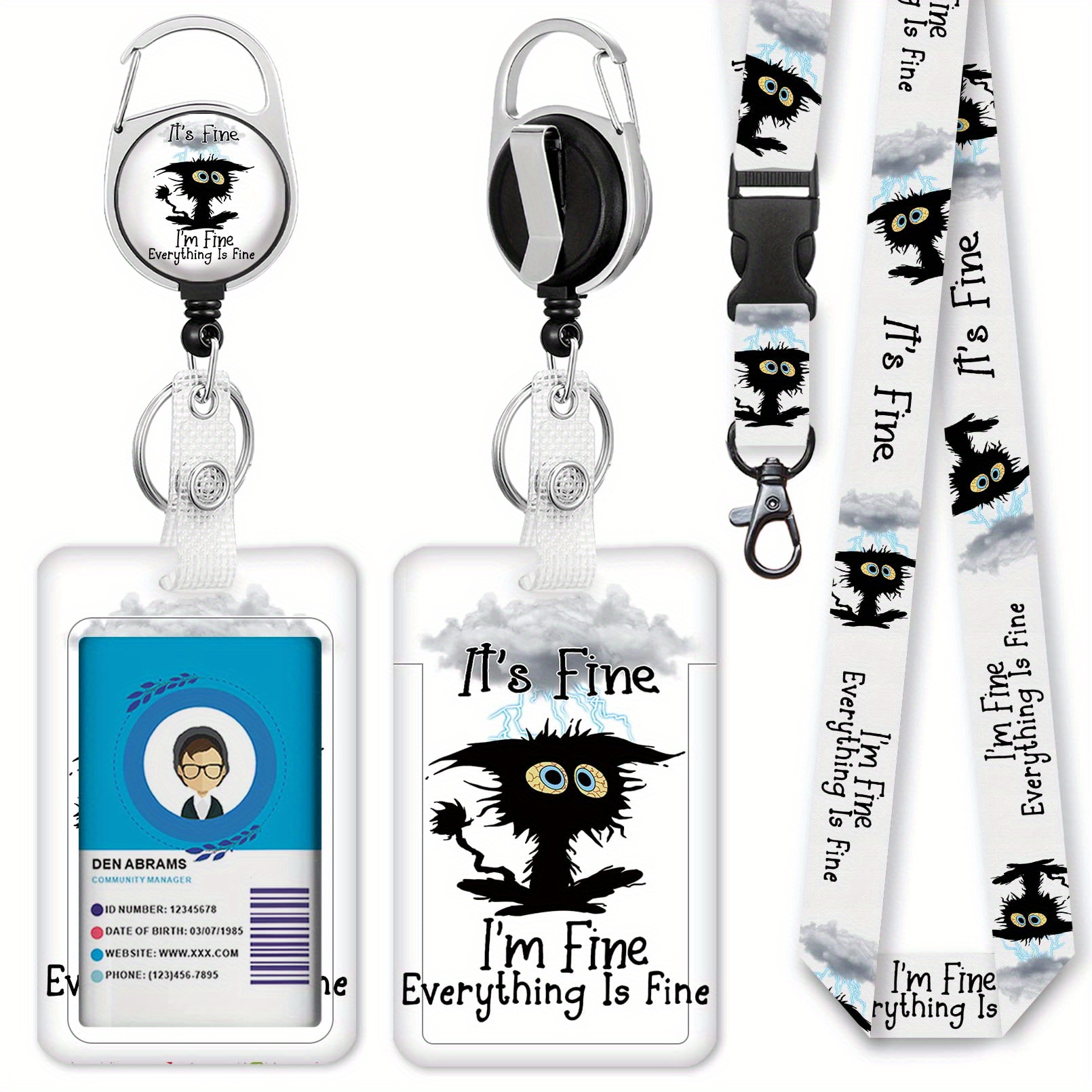 Id Badge Holder Con Lanyard Con Sgancio Rapido, Gatto Nero Badge Reel  Retrattile Resistente E Clip