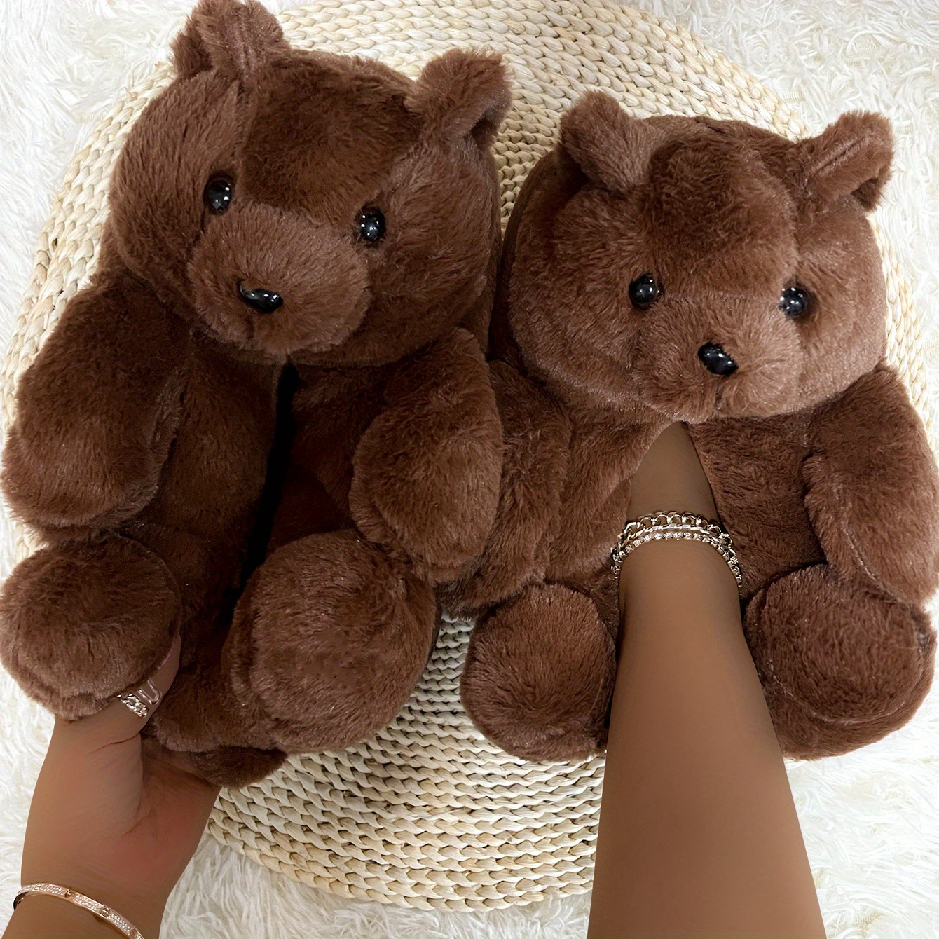 Plush Teddy Bear House Slippers Brown Women Home Indoor Soft Slippers Women  W