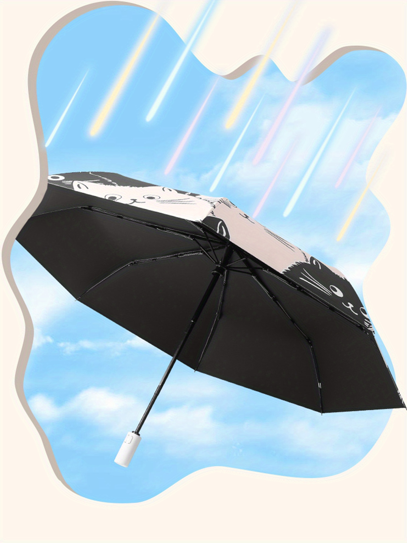 1pc simple cartoon kittens printed black and white automatic umbrella sunny and rainy dual use uv protection umbrella thickened and reinforced umbrella frame details 3