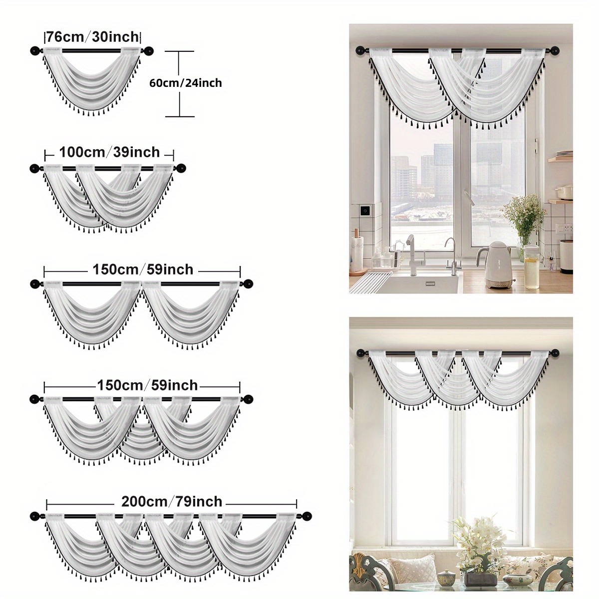 1pc fashionable sheer wave curtain valance with tassels   light transmitting rod   for living room bedroom and kitchen 30x24 inches details 3