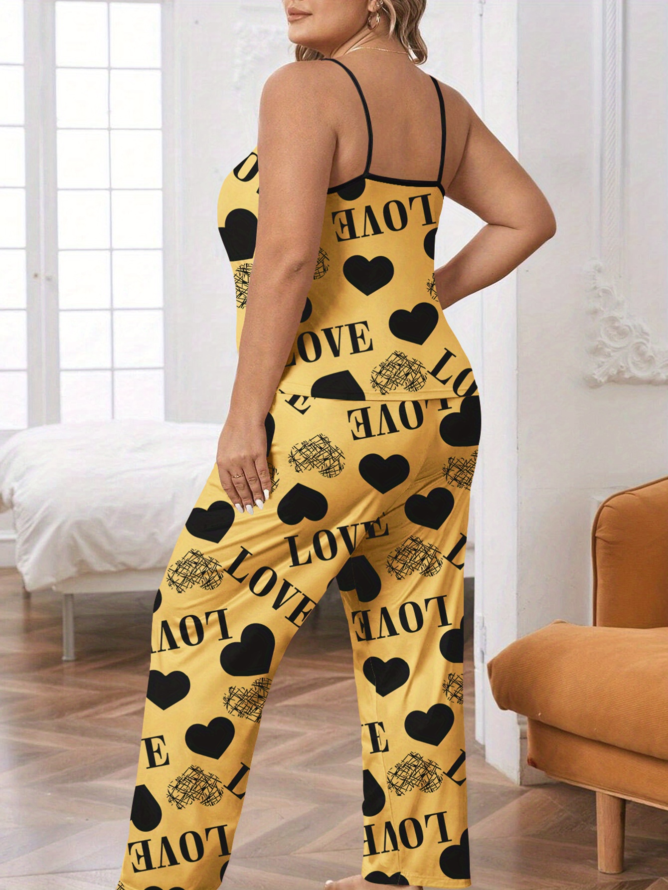 Cute Pajama Set Plus Size Women s Plus Heart Letter Print Temu Australia