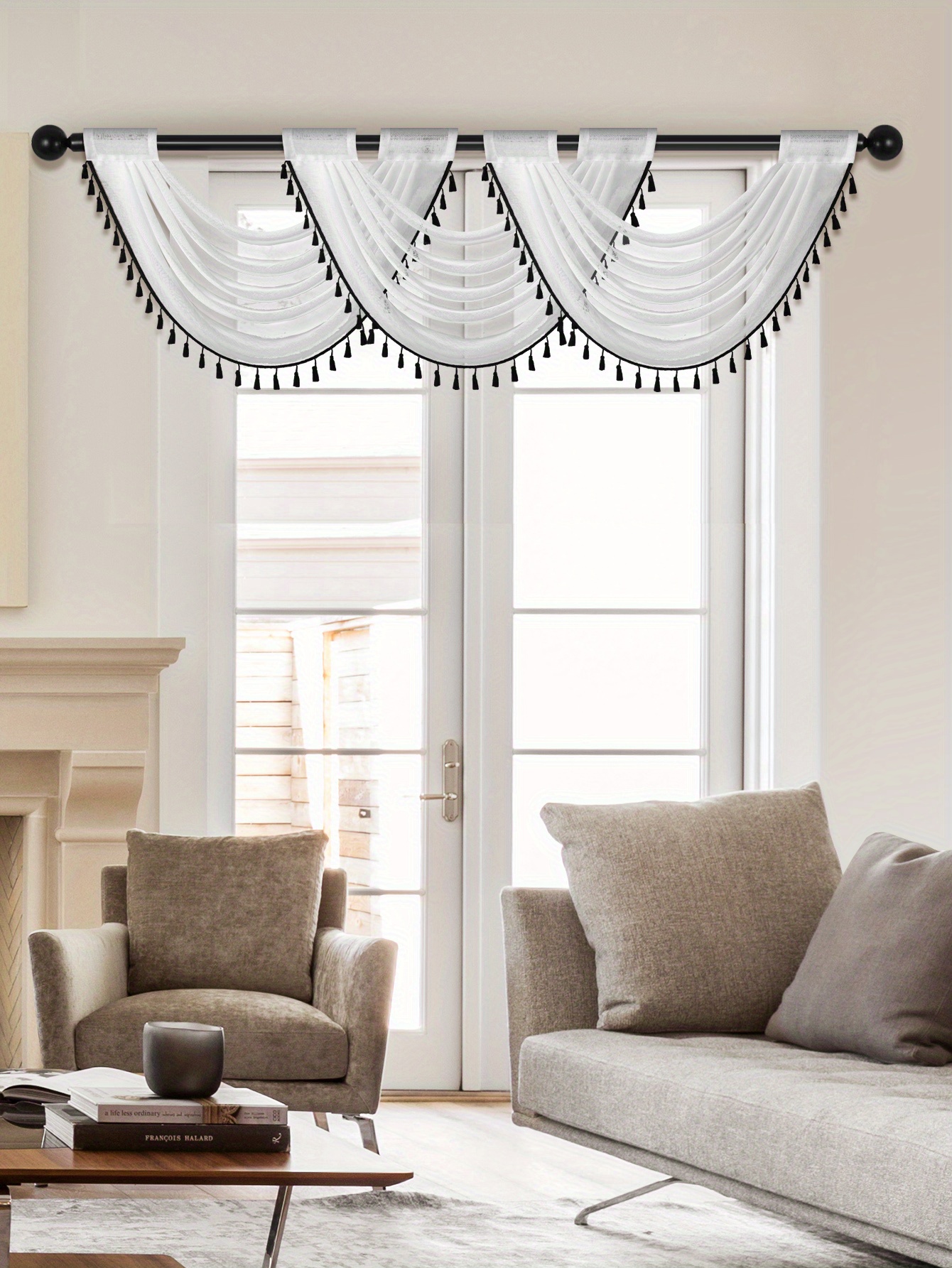 1pc fashionable sheer wave curtain valance with tassels   light transmitting rod   for living room bedroom and kitchen 30x24 inches details 2