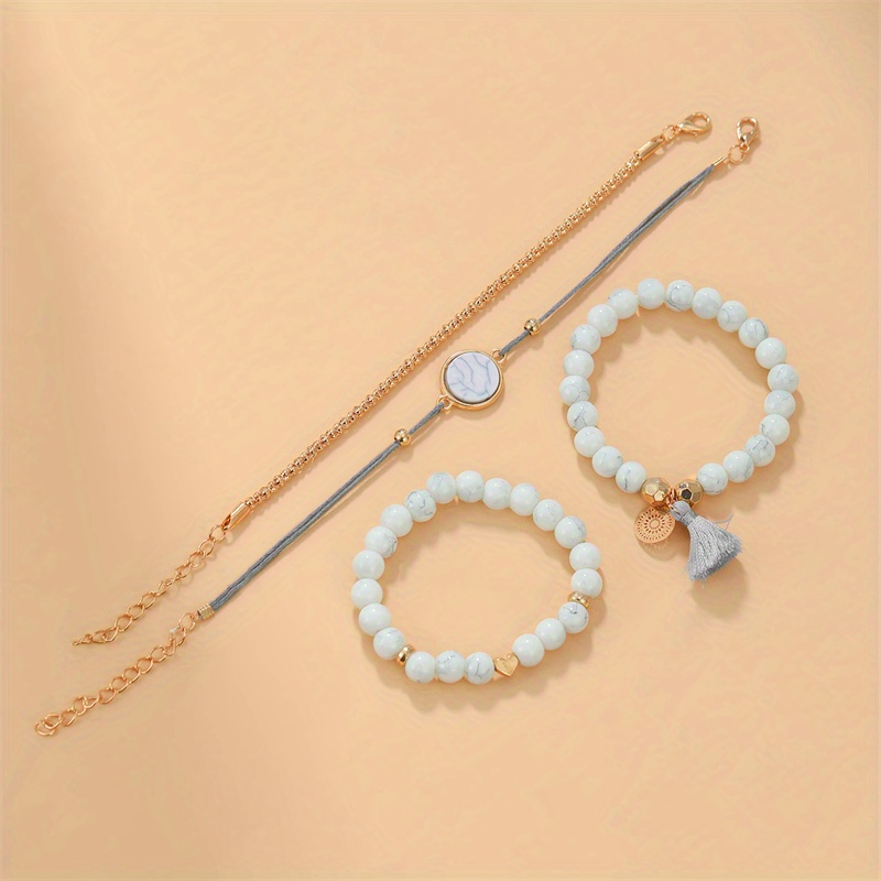 Set Of 4 Bracelets With Tassels - White Marble Bracelet With Heart