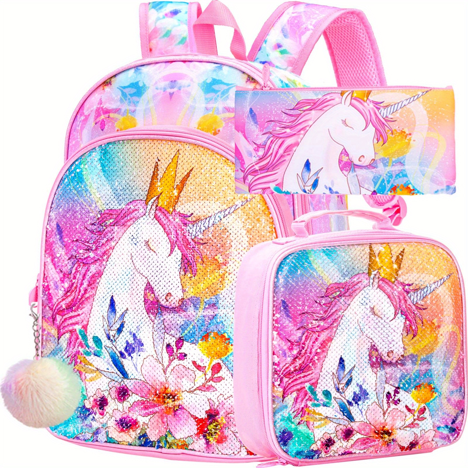 3PCS Unicorn Backpack for Girls, 16 Little Kids Sequin Preschool