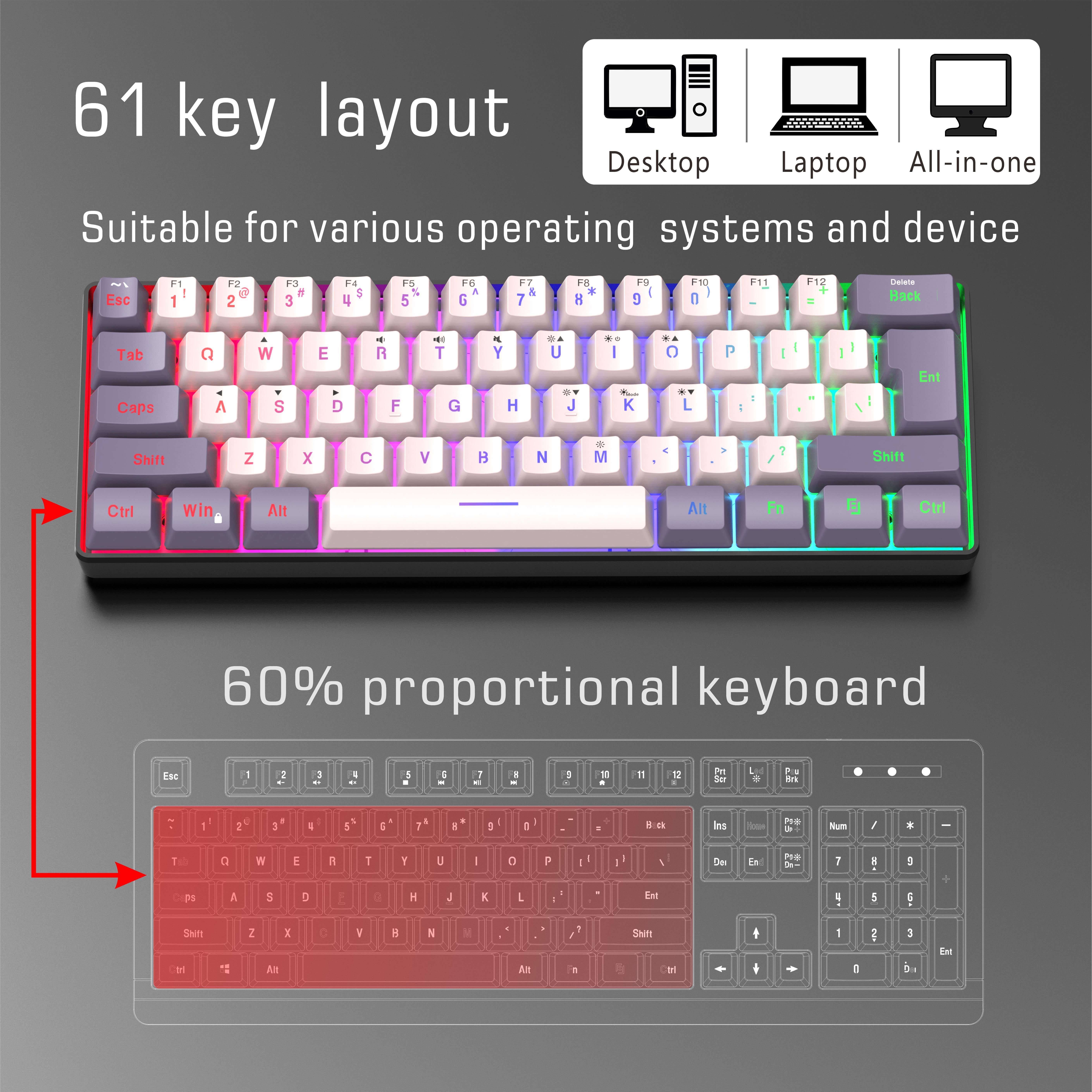 61 tasti mini tastiera retroilluminata RGB, tasto USB retroilluminato  bicolore del computer 60% tastiera bianca portatile, carattere traslucido  flusso