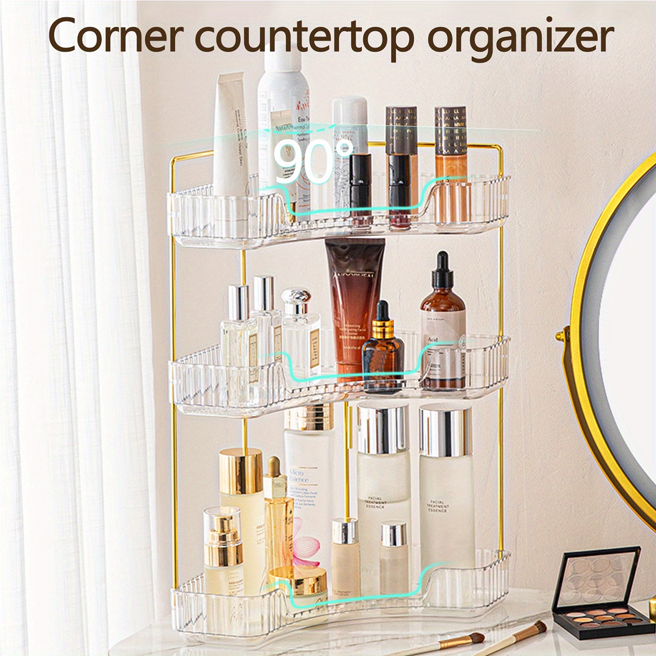 OakRidge Corner Countertop Vanity Organizer with Drawer and Shelf, White 