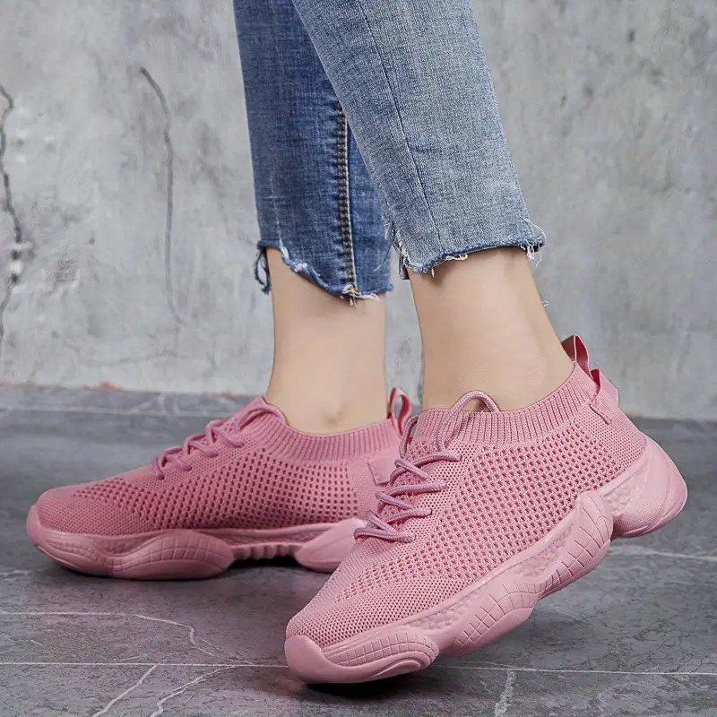 womens flying woven mesh sneakers lace up low top solid color lightweight soft sole casual shoes comfy sporty shoes details 9
