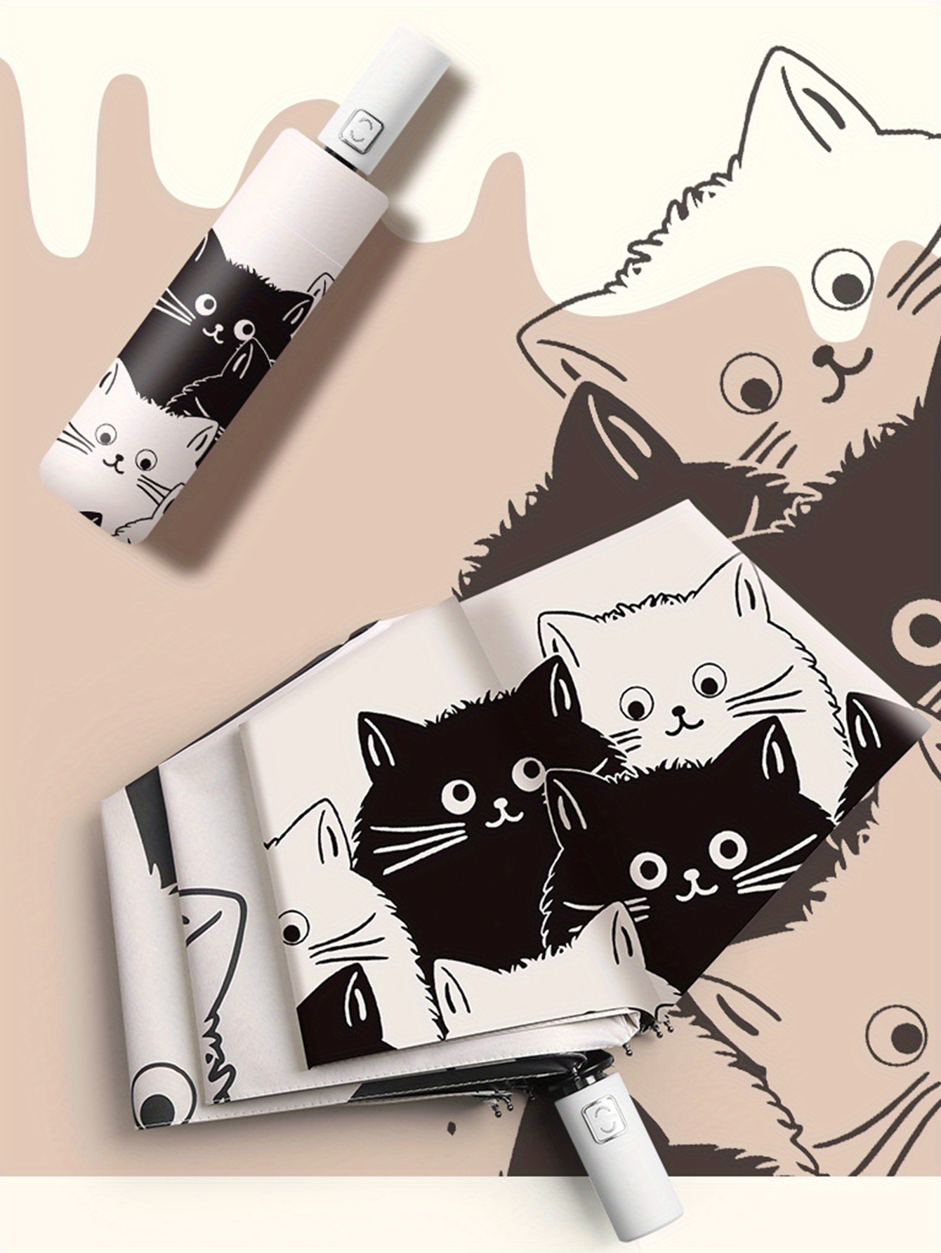 1pc simple cartoon kittens printed black and white automatic umbrella sunny and rainy dual use uv protection umbrella thickened and reinforced umbrella frame details 0