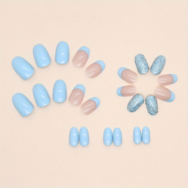 24pcs sky blue french tip fake nails shiny sequin press on nails glossy glue on nails full cover short oval false nails for women girls daily wear details 1