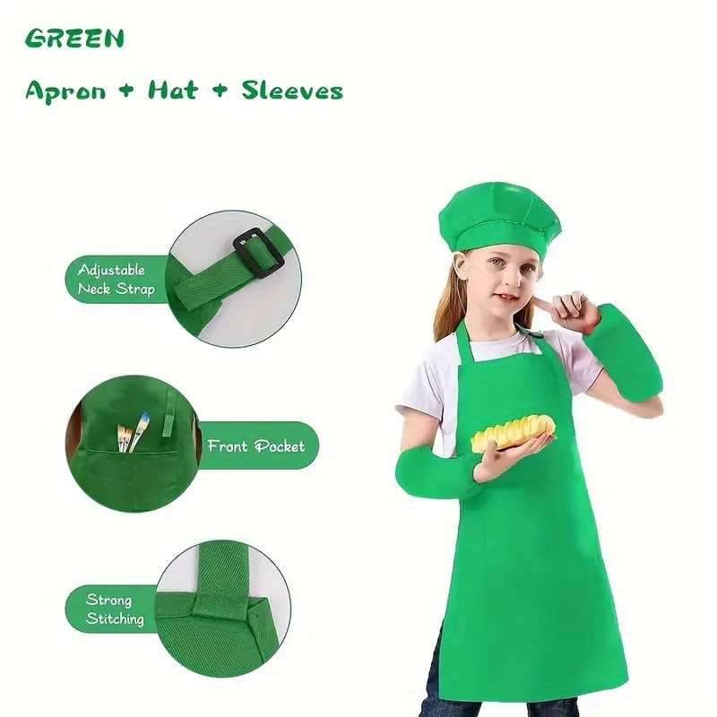 Kids Apron Set with Sleeves and Hat - Children's Gift for Cooking and Baking
