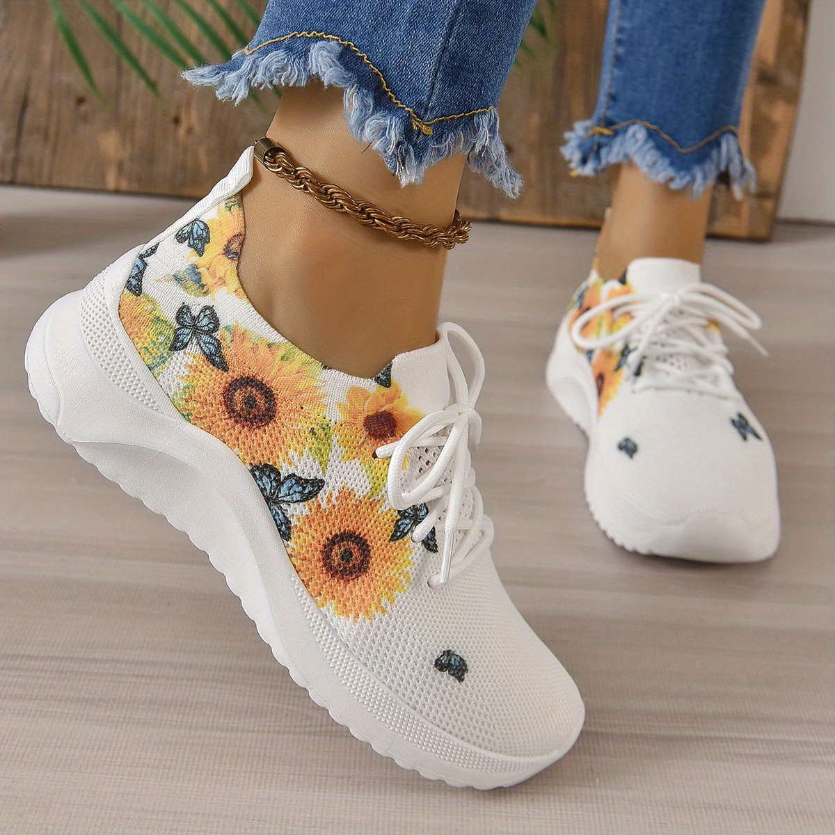 Womens Sunflower Print Sneakers, Butterfly Print Lace Up Running and Tennis Shoes, Casual Low Top Shoes