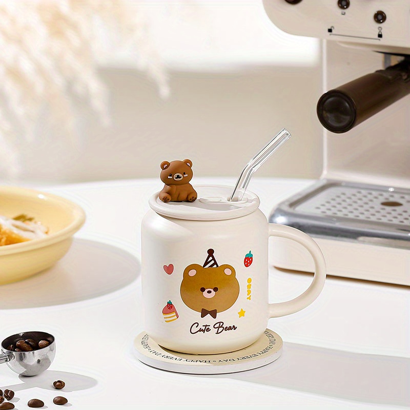 Home And Aesthetics Coffee Mug With Bear Lid And Spoon - Temu