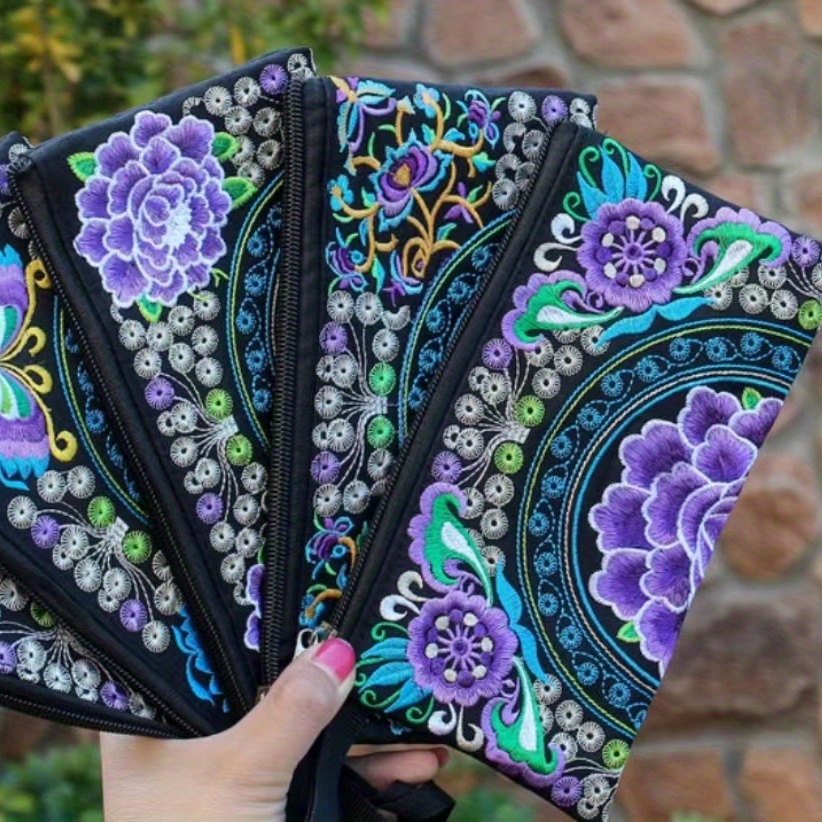 Women's Ethnic Embroidered Long Wallet, Portable Zipper Around Purse,  Causal Coin Purse - Temu