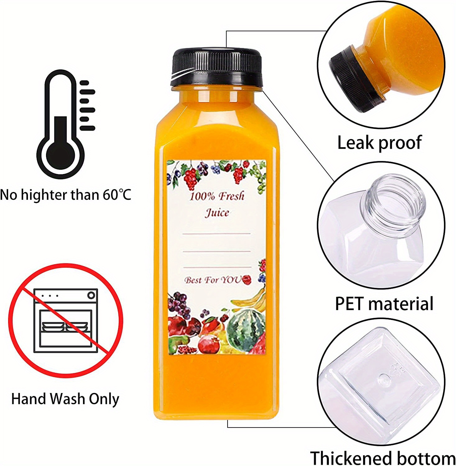 12 oz Plastic Juice Bottles with Caps Lids - Smoothie Bottles