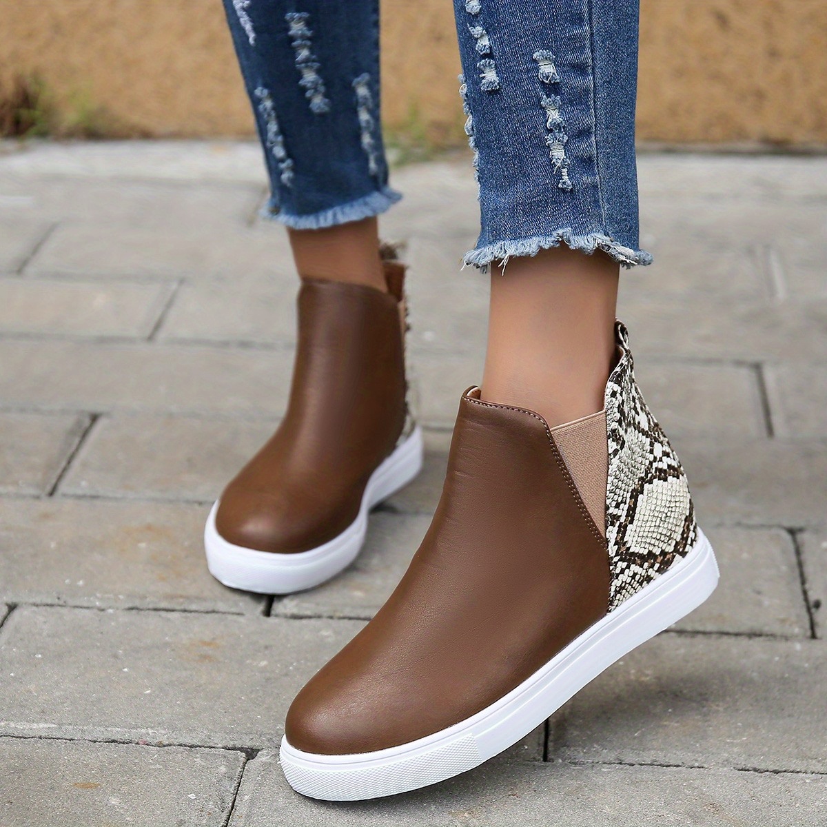 Women's Snakeskin Pattern Colorblock Boots Slip On High Top Flatform Non slip