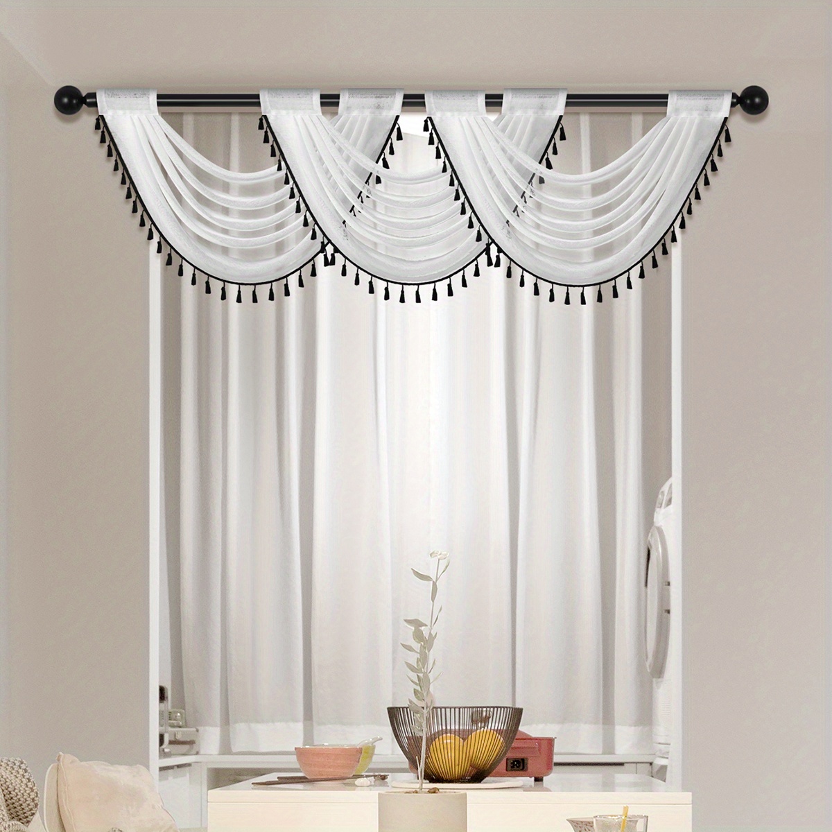 1pc fashionable sheer wave curtain valance with tassels   light transmitting rod   for living room bedroom and kitchen 30x24 inches details 7