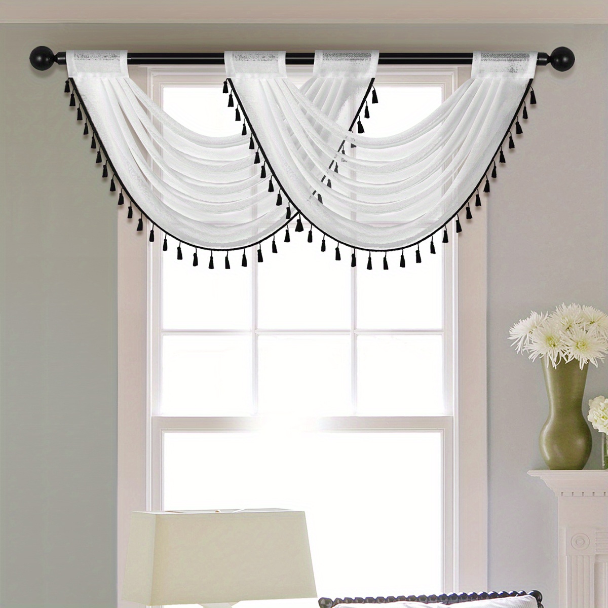 1pc fashionable sheer wave curtain valance with tassels   light transmitting rod   for living room bedroom and kitchen 30x24 inches details 6