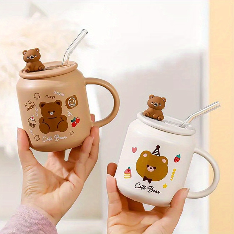 1pc Bear Coffee Mug With Lid And Straw Ceramic Coffee Cups Cute