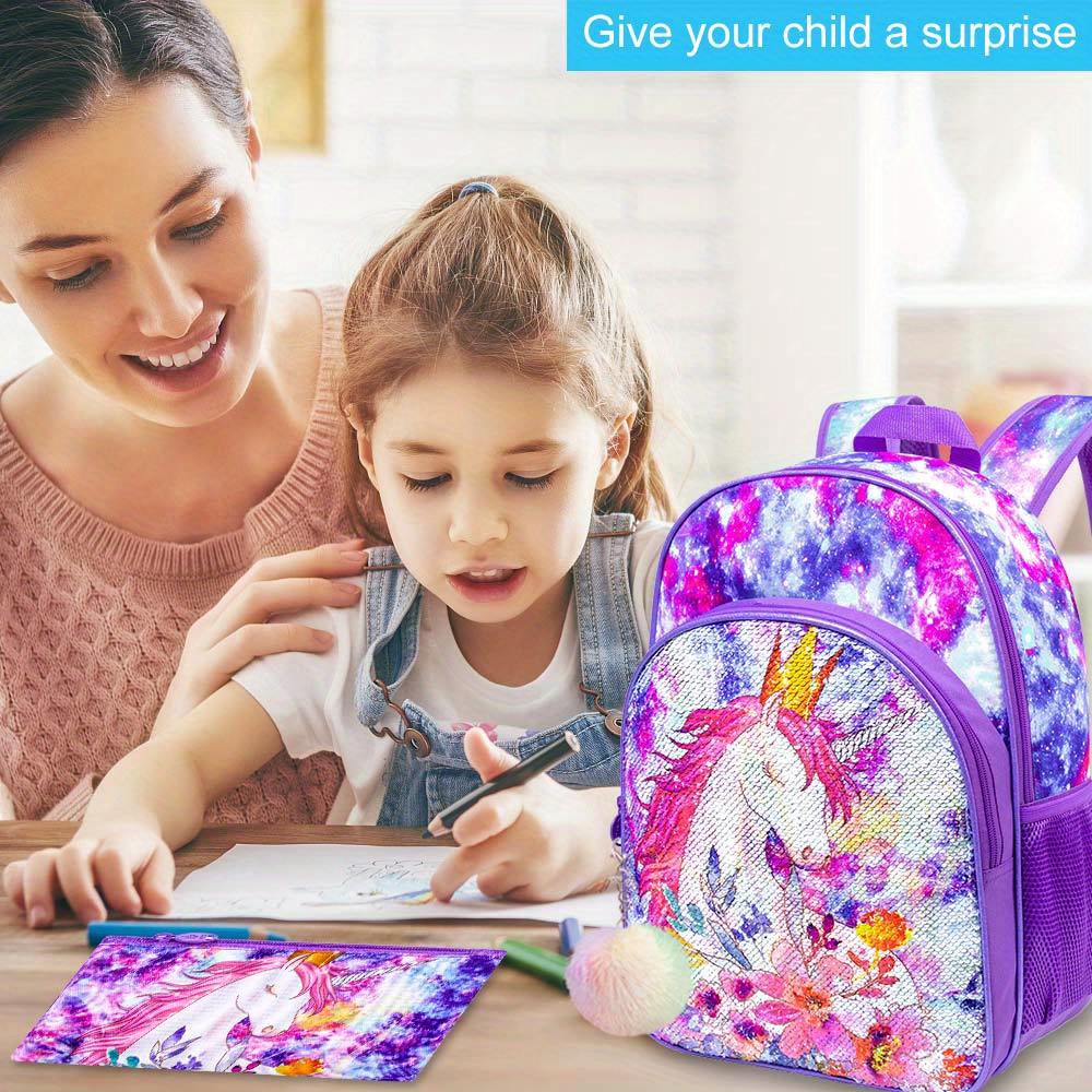 School Bag Set Cartoon Unicorn Sequin Backpack Lunch Bag - Temu