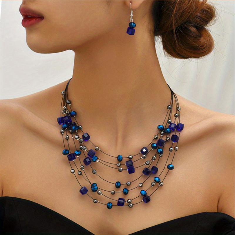 elegant boho jewelry set multilayer square necklace earrings ideal for banquet   or gifts details 0