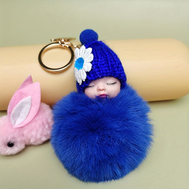Adorable Sleeping Doll Fluffy Pom Pom Keychain Fur Ball Charm