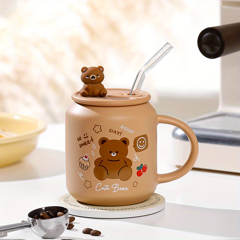 Bear Coffee Mug With Lid And Straw Ceramic Coffee Cups Cute - Temu