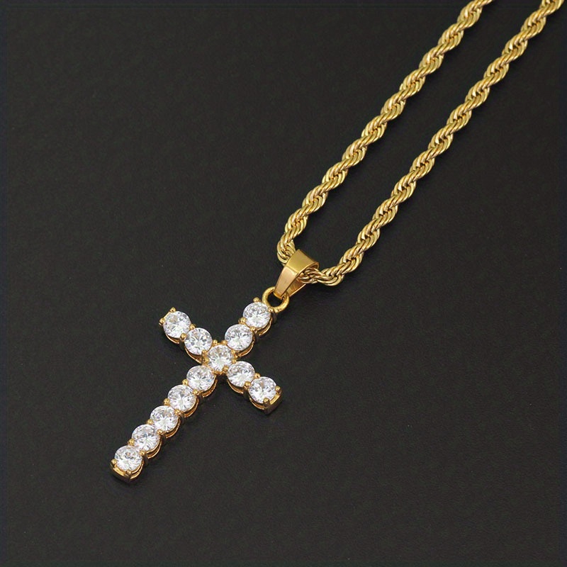 1pc Men's Rhinestone Cross Pendant Necklace Stainless Steel Necklace ...