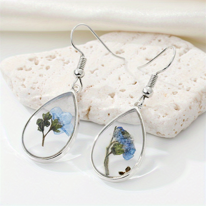 Real Dried Flowers and Resin Earrings, Silver Diamond Drops in