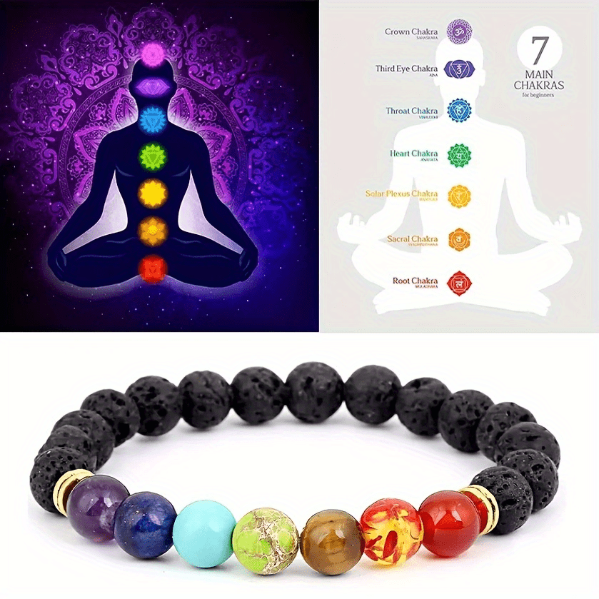 Seven Color Energy Lava Stone Beads Bracelet 7 Chakras Yoga - Temu