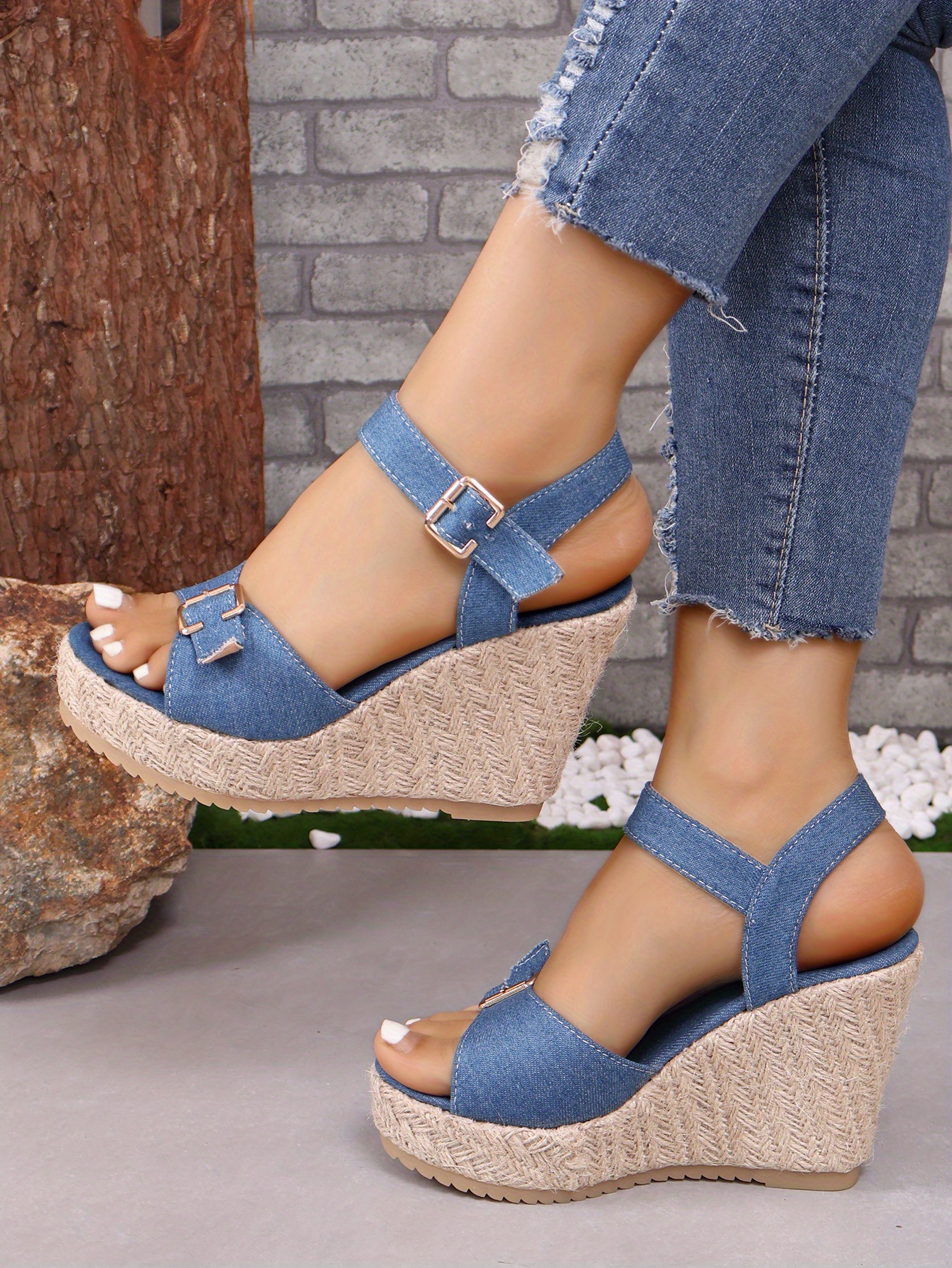 Women s Denim Wedge Sandals Stylish Buckle Strap Platform Temu