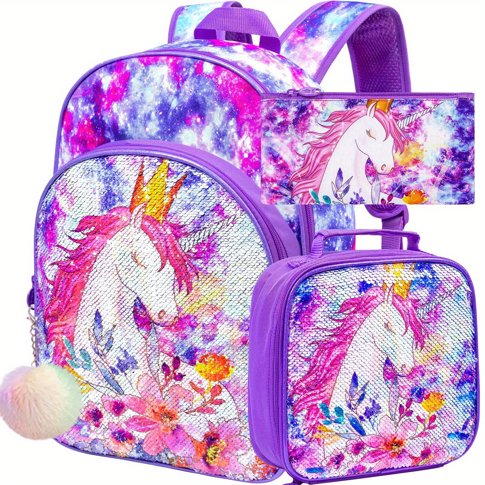 Girls Backpack Rainbow Glitter Kids School Bookbag 3 in 1 Set School Bag with Lunch Bag Pencil Case