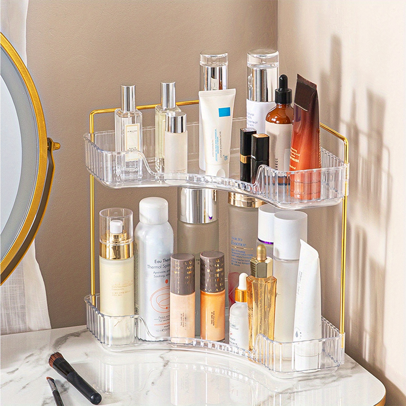 BWE Bathroom Counter Organizer 2-Tier Acrylic Vanity Countertop Perfume Cabinet Makeup Storage Modern Holder Transparent