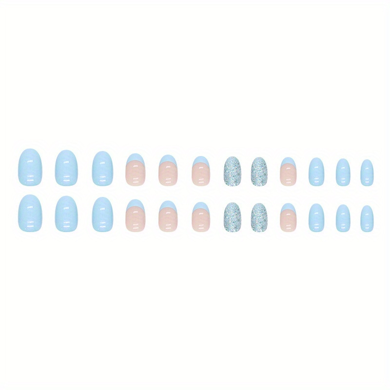 24pcs sky blue french tip fake nails shiny sequin press on nails glossy glue on nails full cover short oval false nails for women girls daily wear details 2