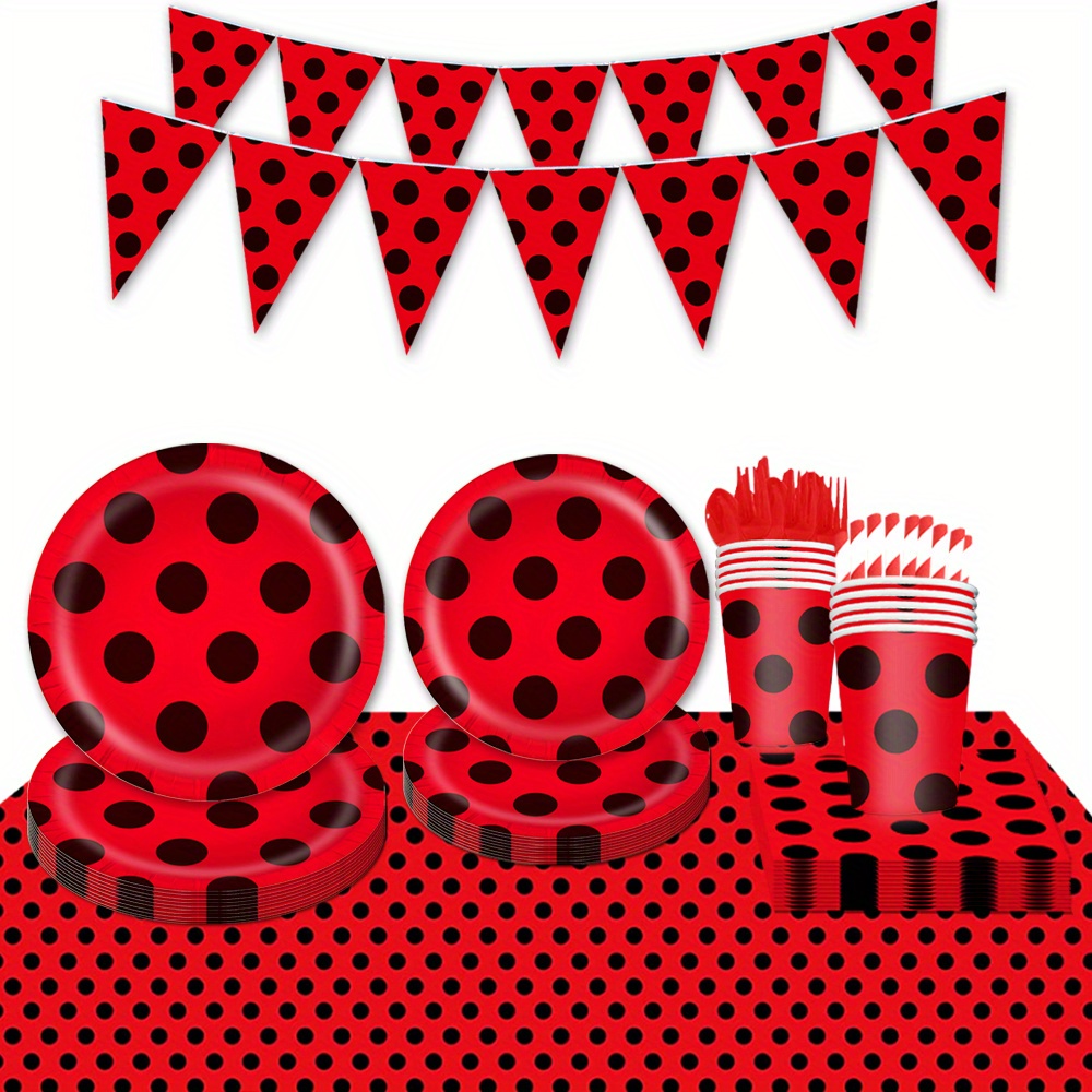 Juego de vajilla de 168 piezas para fiesta de cumpleaños de color negro y  rojo, platos, cuchillos, tenedores, cucharas, tazas y servilletas