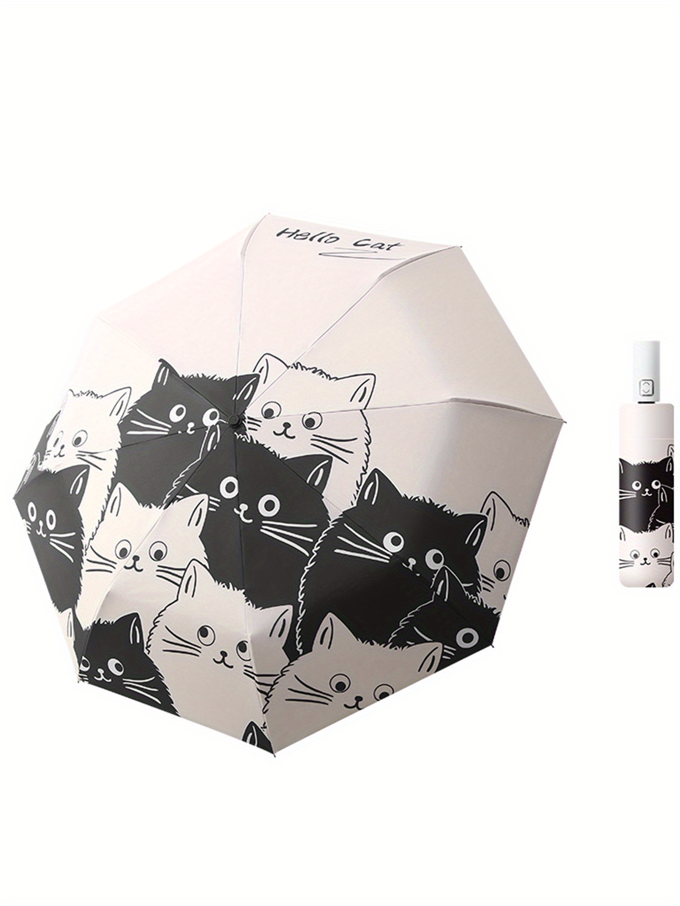1pc simple cartoon kittens printed black and white automatic umbrella sunny and rainy dual use uv protection umbrella thickened and reinforced umbrella frame details 7