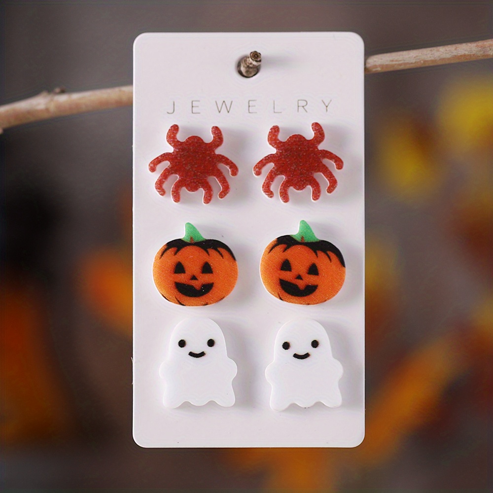 3 Pairs Halloween Resin Luminous Specter Cat Pot Stud Earrings for