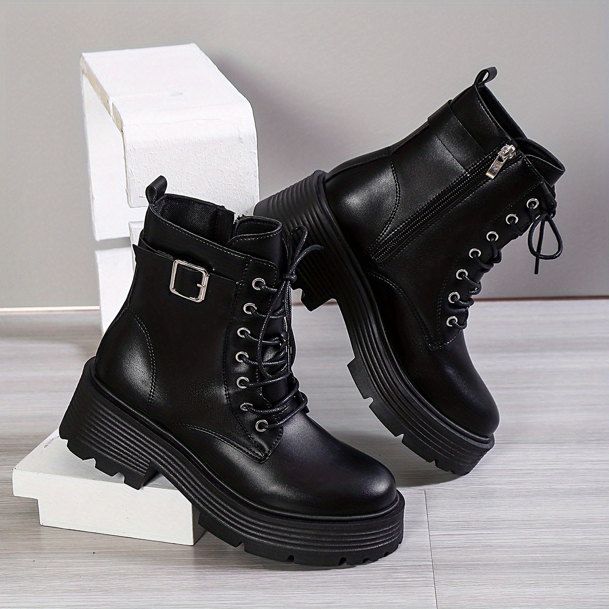 Women's Platform Ankle Boots, Round Toe Lace Up & Side Zipper Motorcycle  Boots, Chunky Heeled Combat Boots