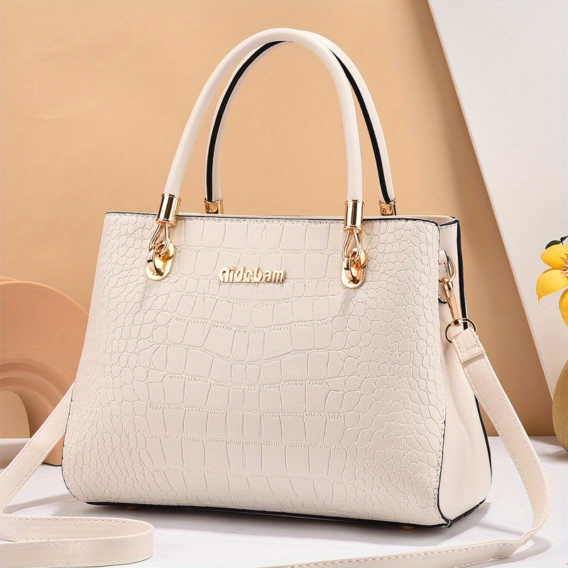 Elegant Crocodile Pattern Satchel Bag, Classic Pu Leather Top Handle Bag,  Women's Solid Color Shoulder Bag - Temu