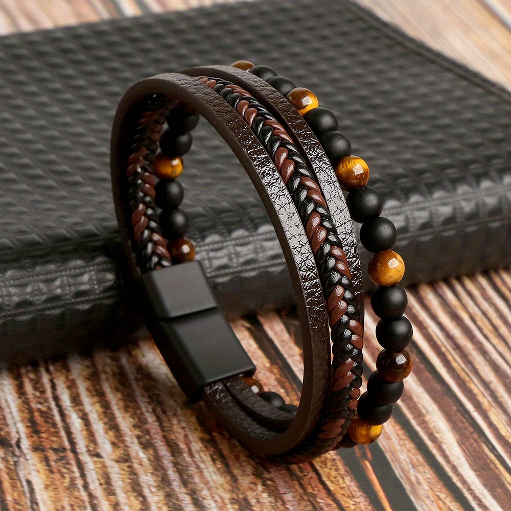 TEMU Pulsera Trenzada De Varias Capas Para Hombre De Inspiración Cuentas De Obsidiana Natural Y , Cuero Sintético