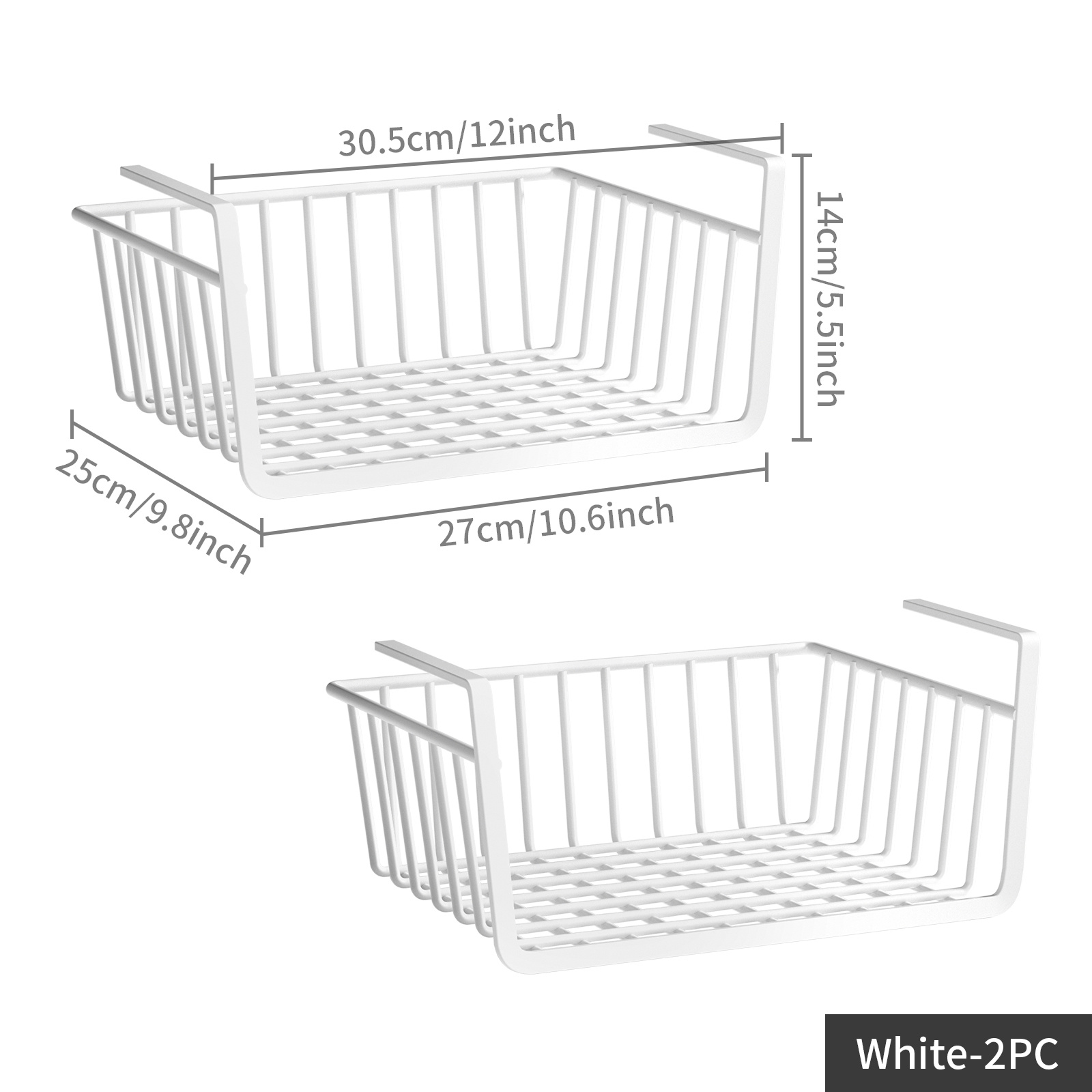 Under Shelf Basket,2 Pack White Under Shelf Wire Basket Hanging Storage Baskets with 2 Pack Black Wine Glasses Storage Hooks,Cabinet Shelf