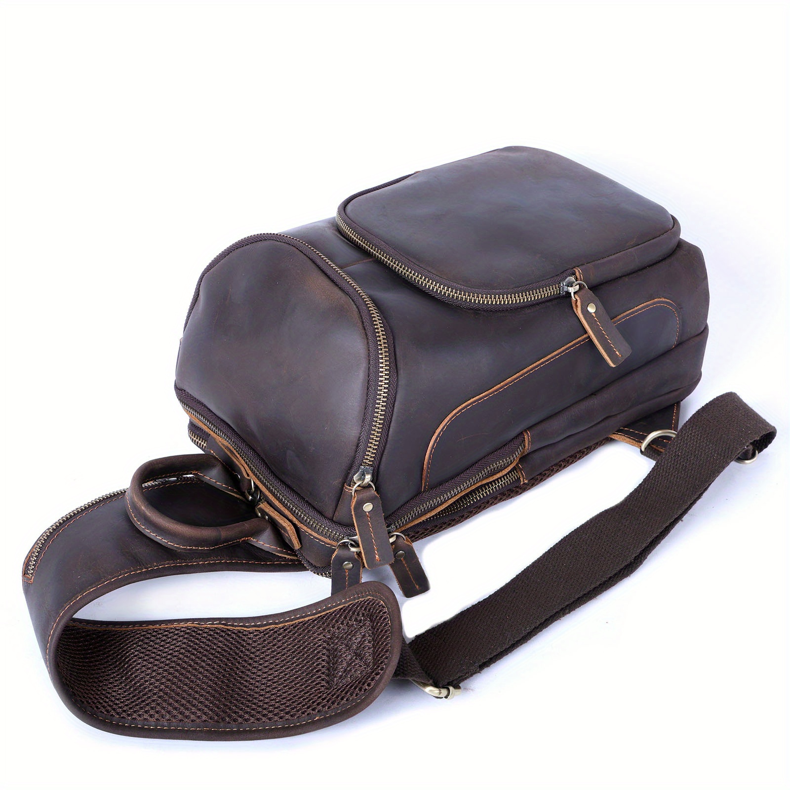Men Original Crazy horse Leather Casual Triangle Crossbody Chest Sling Bag  Design Travel One Shoulder Bag Daypack Male 8015